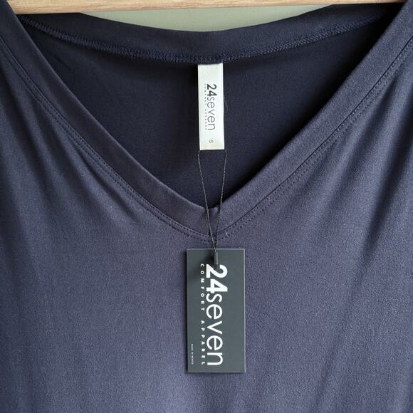 Navy Blue V-neck Jersey T-shirt Dress Short Sleeve Tunic Casual Minimalist S NWT - Picture 3 of 8